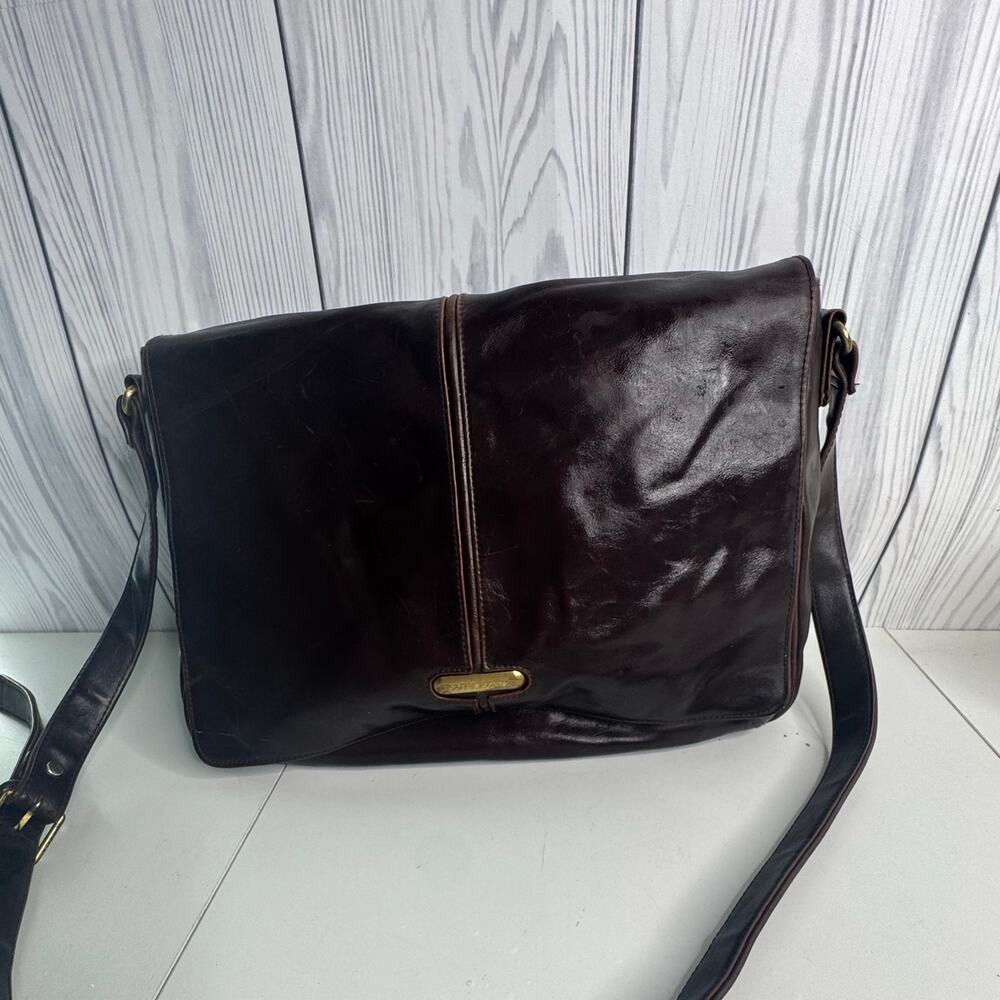 Vintage Liz Claiborne Messenger Bag Leather Brown Brass Cross Body Waxy